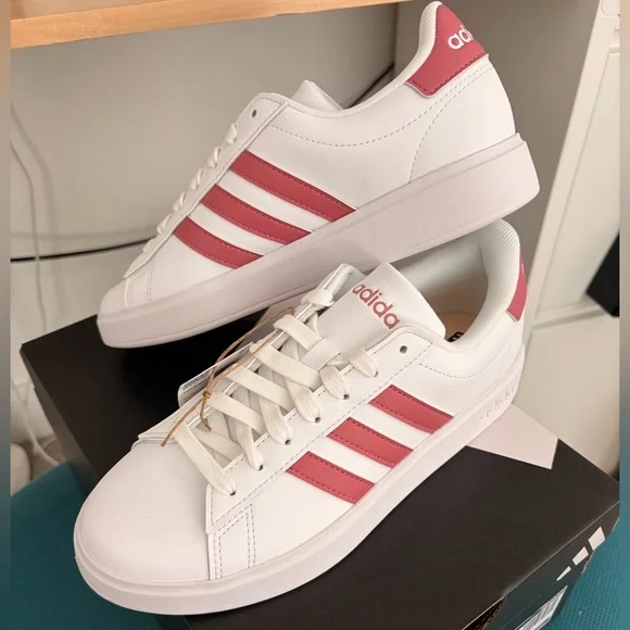 adidas White Sneakers with Pink Three-Stripes - Picture 2 of 6